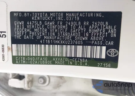 2019 Toyota Camry Le from USA, damaged, VIN 4T1B11HKXKU237605